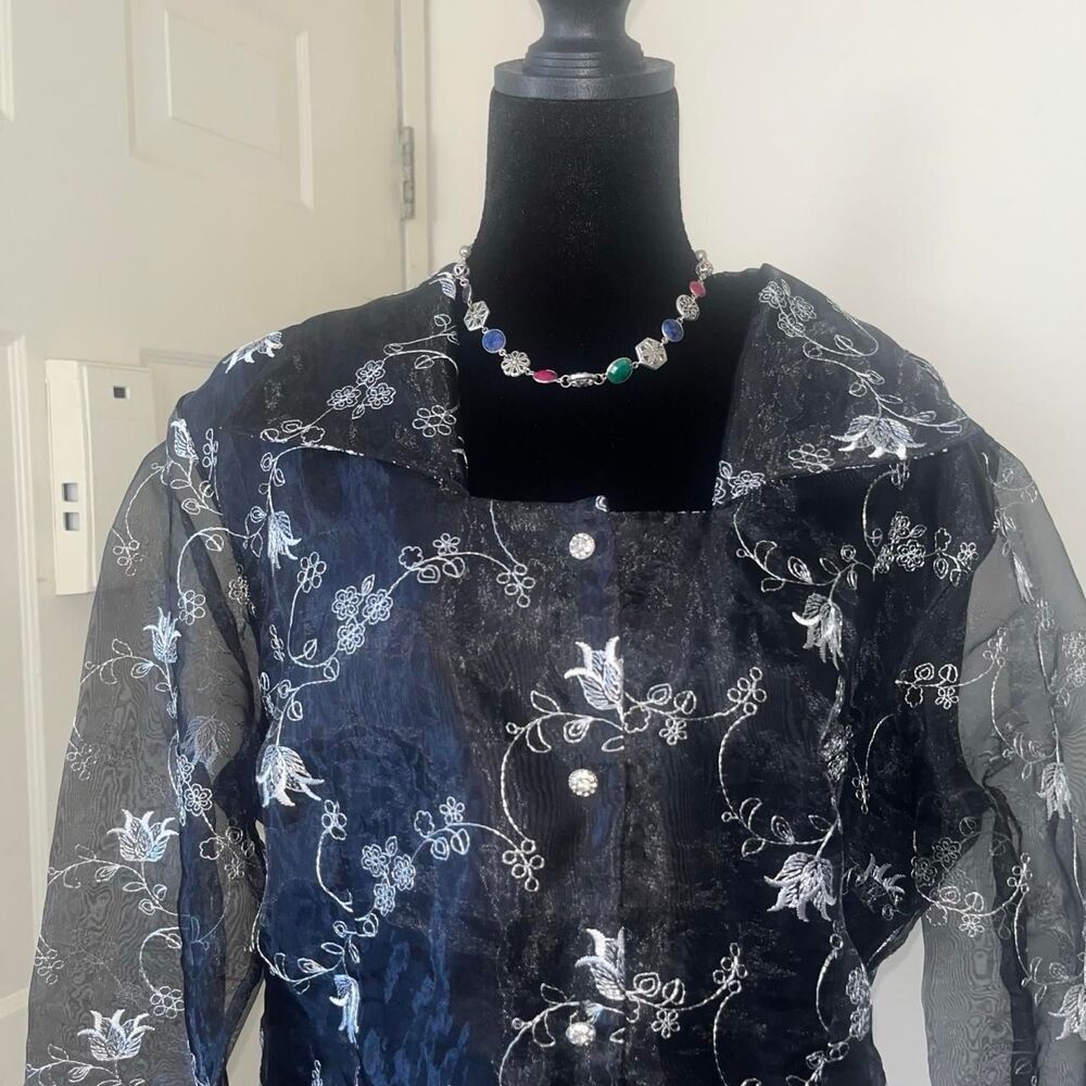 Msk Women's Navy and Silver Sheer Floral Embroidered Evening Party Blouse SZ XL